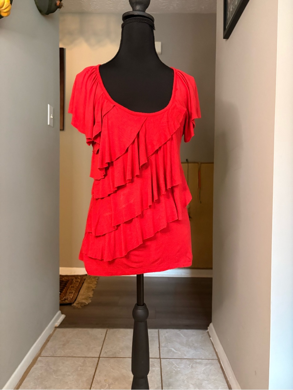 AGB Red Layered Ruffle Short-Sleeve Scoop-Neck Top